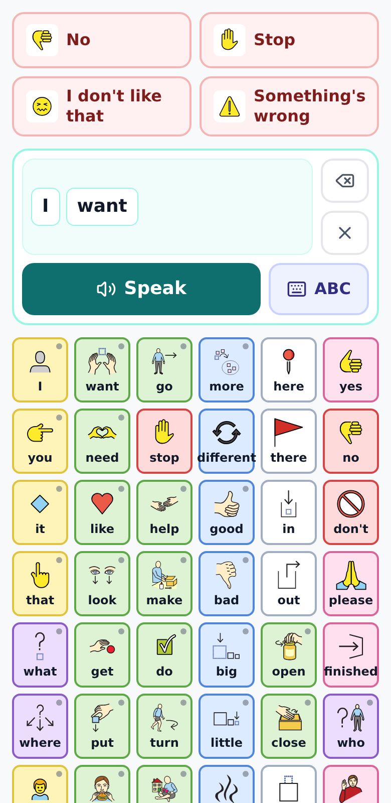 JennyTalk AAC communication app picture board with core words for children and adults